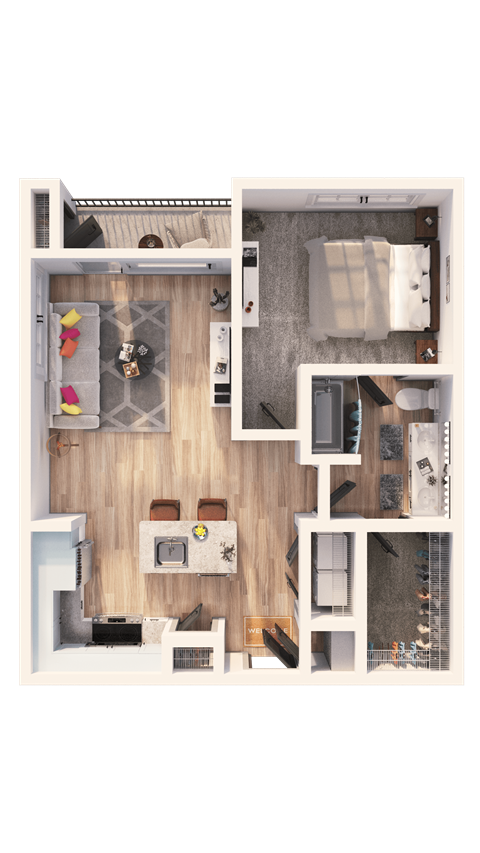 A top-down view of a small apartment with a kitchen, living room, and bathroom.